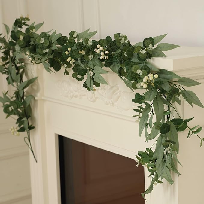 6Ft Artificial Eucalyptus Garland with Little White Berries, Real Touch Faux Eucalyptus Decor Vine for Table, Bedroom, Mantelpiece, Outdoor, Wedding Decorations (Foggy Green)