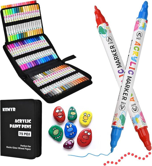 KEMYR 72 Colors Acrylic Paint Pens, Dual Tip Acrylic Paint Markers for Paper, Wood, Canvas, Stone, Rock Painting, Glass, Fabric, DIY, Ceramic, Art Supplies for Adults Drawing (Dot + Fine)