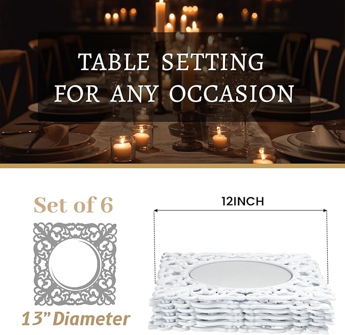 MAONAME 12" White Charger Plates Set of 6, Mirror Charger for Dinner Plates, Plastic Plate Chargers with Embossed Rims, Square Chargers for Table Setting, Wedding