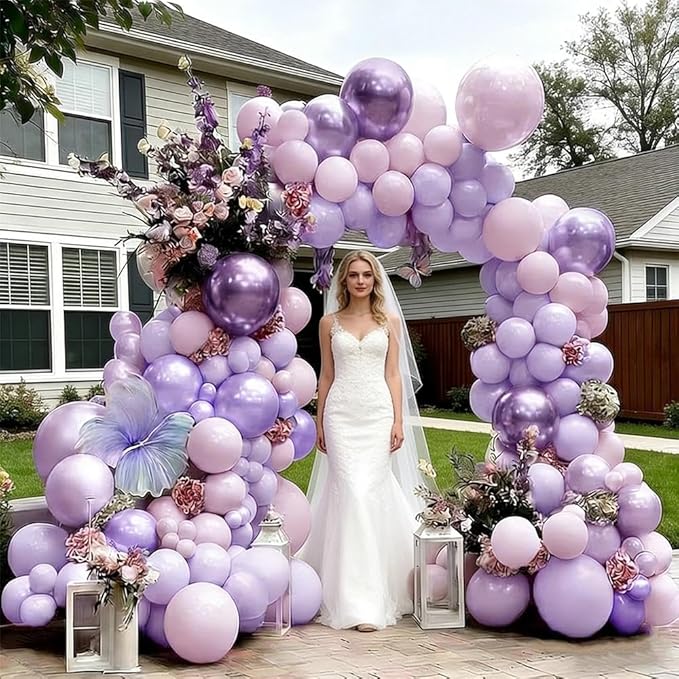 Purple Balloon Arch Kit Double Stuffed Lavender Lilac Balloons Pearl Purple Latex Balloon Garland Kit for Wildflower Baby Shower Bridal Wedding Butterfly Mother's Day Party Decorations