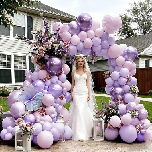 Purple Balloon Arch Kit Double Stuffed Lavender Lilac Balloons Pearl Purple Latex Balloon Garland Kit for Wildflower Baby Shower Bridal Wedding Butterfly Mother's Day Party Decorations