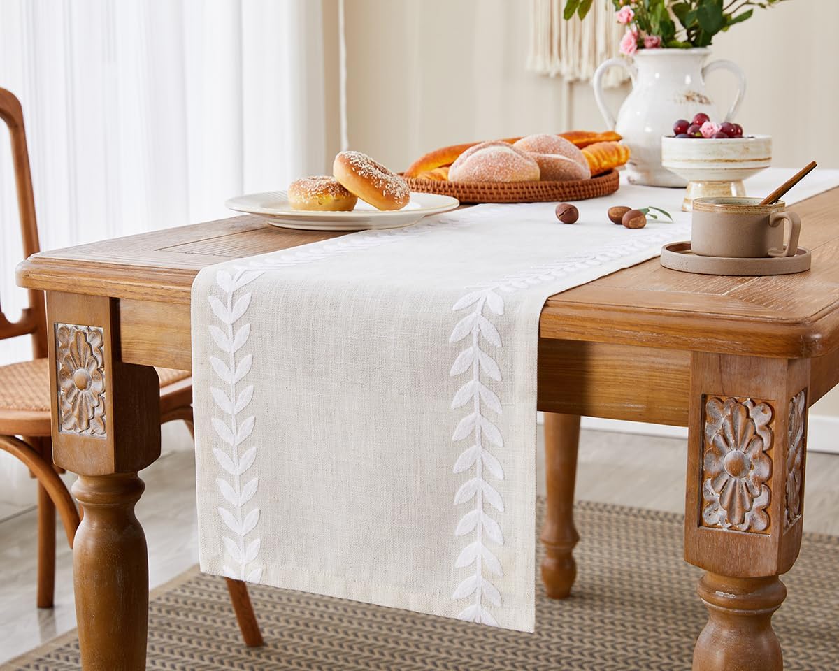 Wracra Embroidered Table Runner Irregular Willow Leaf Table Runners 48 Inches Long for Dresser Home Dining Table Decor,14 x 48 Inch, White