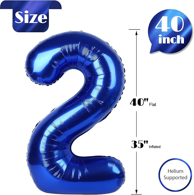 Night Blue 2 Balloon, Number Balloons 40 Inch, 2nd Balloon Number Birthday Decorations, Second Two Birthday Party Supplies, Number 2 Balloon