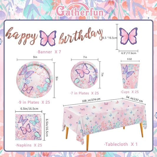 Butterfly Birthday Party Supplies Disposable Paper Plates Napkins Cups Tablecloth and Banner for Butterfly Girl Party Birthday Decorations, Serve 25