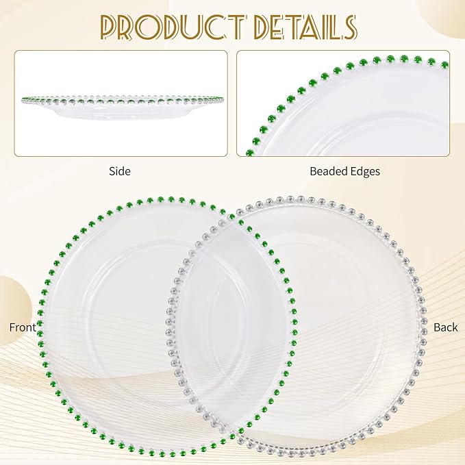 24 PCS Clear Round Charger Plates with Beaded Rim, 13 Inch Plastic Acrylic Plate, Plastic Round Beaded Dinner Decorative Service Plates for Wedding Party Event, Home Kitchen Tabletop(Green)