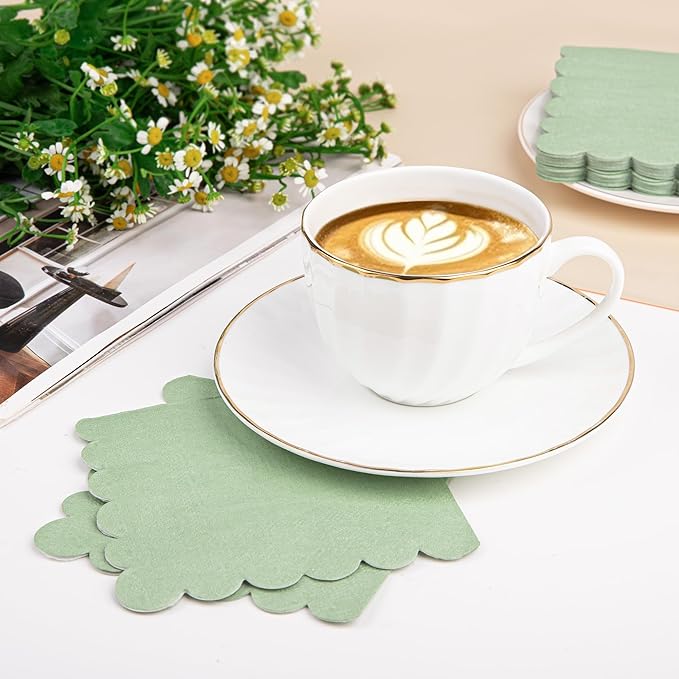 100 Pcs Sage Green Napkins Scalloped Edged Dessert Cocktail Napkins Folded 5 x 5 Inches Disposable Napkins for Dinner Wedding Birthday Party