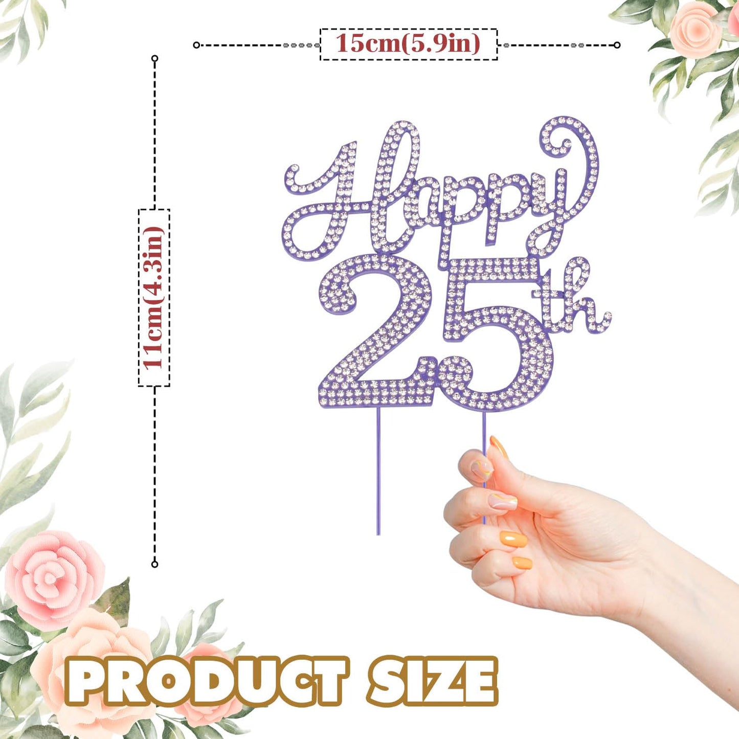 Happy 25th Birthday Purple Rhinestone Cake Topper - 25th Birthday/Anniversary,Cheers to 25 Years Old Bday Party Metal Sparkly Centerpieces Decorations.