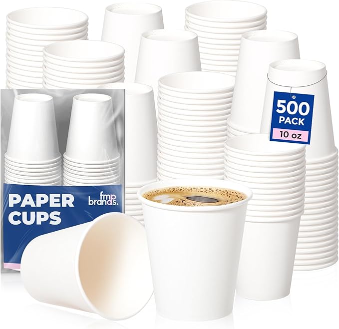 Fit Meal Prep 500 Pack 10 oz Disposable Paper Coffee Cups, Premium White Hot Cups for Hot/Cold Beverage, Durable Thickened Paper Cup Bulk for Party, Office, Bussines, Home, Bistros, Events
