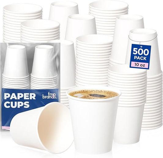 Fit Meal Prep 500 Pack 10 oz Disposable Paper Coffee Cups, Premium White Hot Cups for Hot/Cold Beverage, Durable Thickened Paper Cup Bulk for Party, Office, Bussines, Home, Bistros, Events
