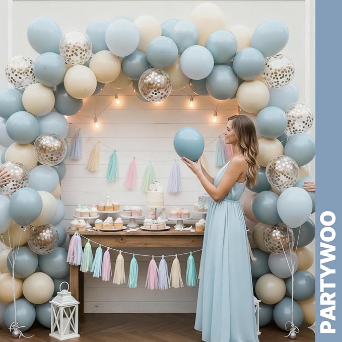 PartyWoo Dusty Blue Balloons 65pcs 12 Inch Light Baby Slate Blue Off White Sand Metallic Gold Boho Confetti Balloons for Graduation Boy Baby Shower Gender Reveal Birthday Wedding Party Decorations