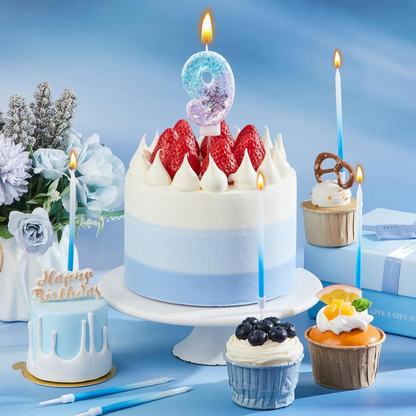 MTLEE Number 9 Birthday Candle Blue Snowflake with 6 Long Thin Cupcake Candles Blue Sparklers Glitter Number Happy Birthday Cake Topper Decorations for Winter Party Supplies