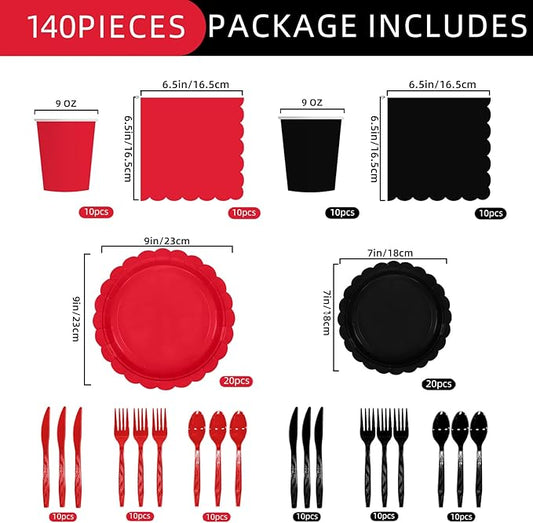 140Pcs Red and Black Party Supplies BlackRed Birthday Scalloped Plates and Napkins CarnivalDisposable Tableware Set for Wedding Fiesta HalloweenBirthday Party supplies Decor Serves 20