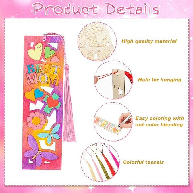 Yexiya 100 Pcs Mother's Day Wooden Bookmark Craft Kit, 50 DIY Paintable Bookmarks with 50 Tassels, Bulk Classroom Gift Set for Mom Grandma from Students