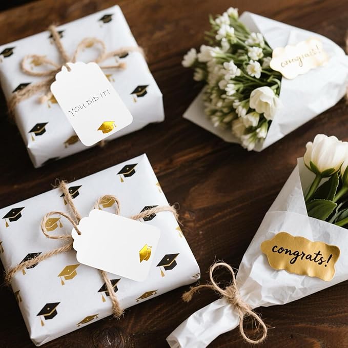 ASYEHJNR 100Pcs Blank Gift Tags with String Foil Gold Grad Cap Large White Paper Gift Tags with 65 Ft Jute Twine for Congrats Grad Congratulations Graduation Party