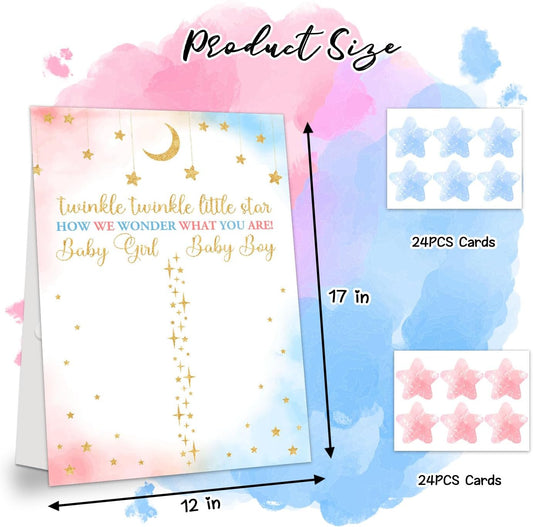 Gender Reveal Party Games, Twinkle Little Star Theme Baby Gender Reveal Voting Board Sign, 48 Boy Girl Voting Stickers, He or She, Baby Gender Reveal Party Decorations Games for Boy or Girl Shower