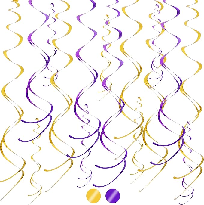 BEISHIDA Purple Gold Hanging Swirls Party Decorations Plastic Streamer for Ceiling, Graduation Wedding Baby Shower Birthday Hanging Party Supplies, Pack of 20