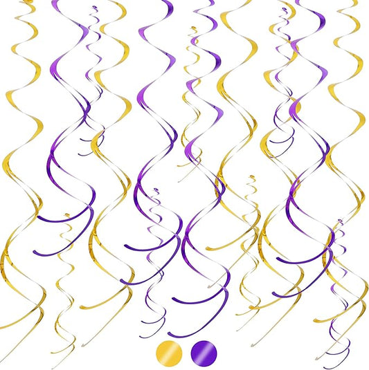 BEISHIDA Purple Gold Hanging Swirls Party Decorations Plastic Streamer for Ceiling, Graduation Wedding Baby Shower Birthday Hanging Party Supplies, Pack of 20
