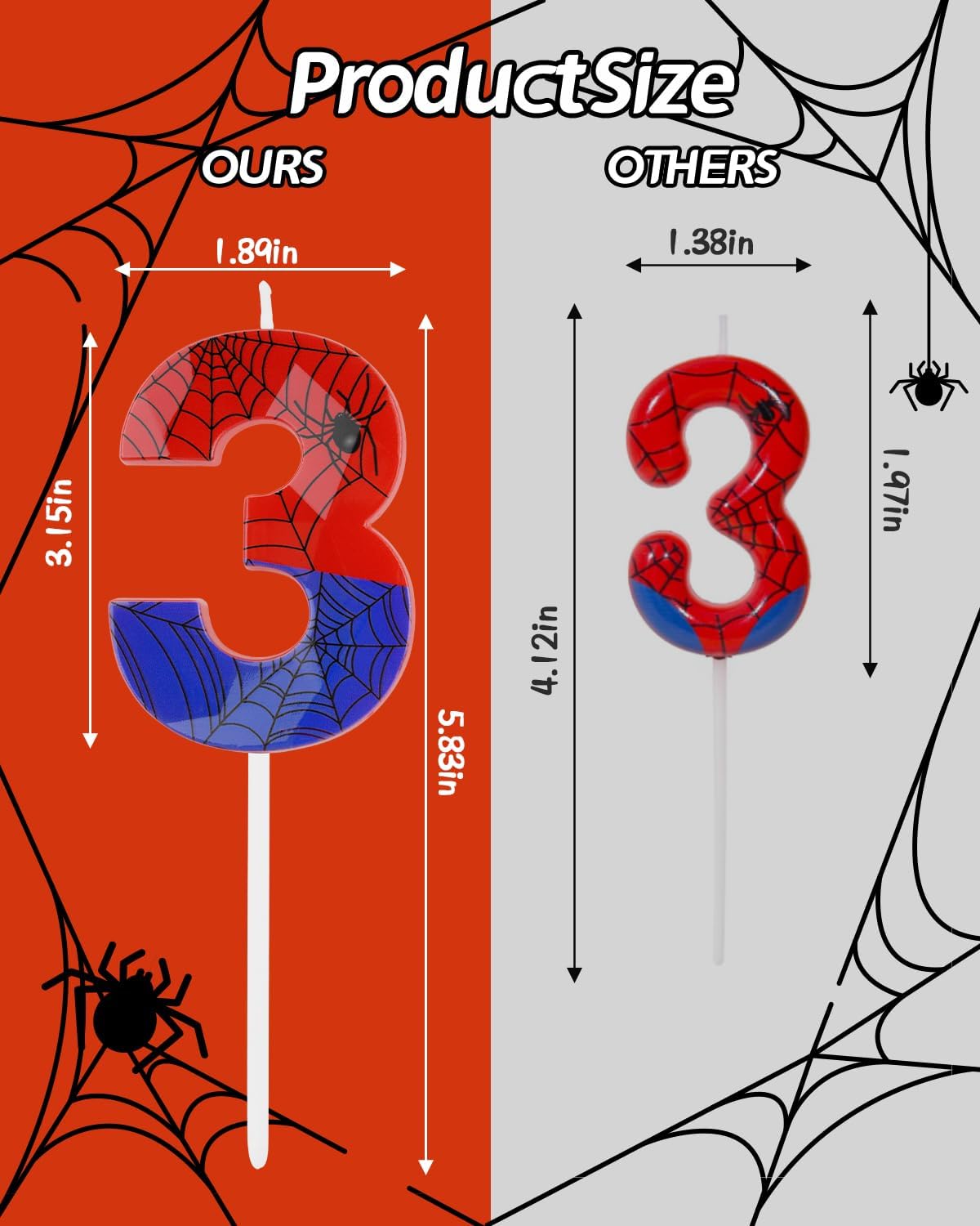 Number 3 Spider Themed Birthday Candle, 2.68 Inch Red Blue Spider Birthday Candles, Number Candles Birthday Cake Toppers Web Candles for Boy Girl Spider Party Decoration Supplies Halloween Party