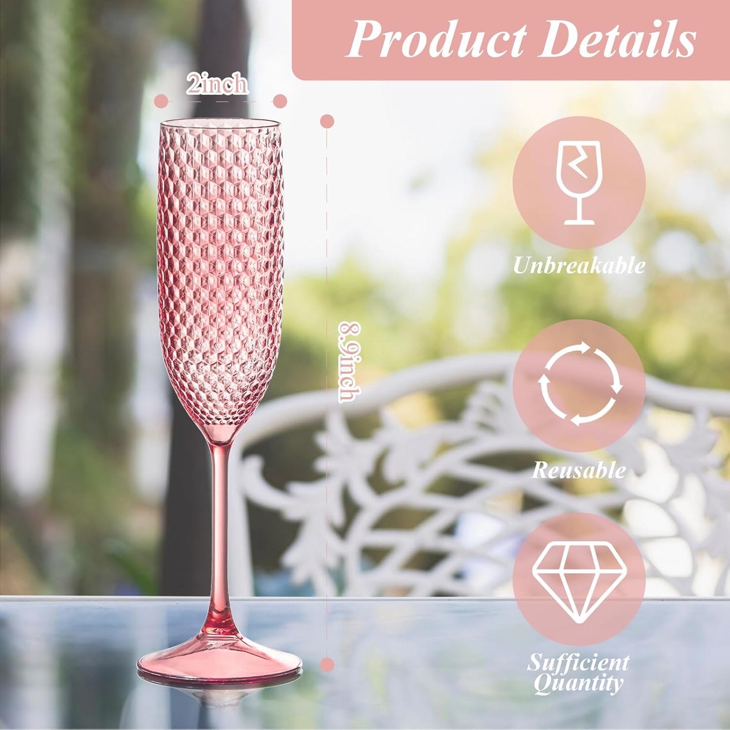 Plastic Champagne Flutes Champagne Glasses Unbreakable Wedding Toasting Glasses Reusable Diamond Wine Glasses Crystal Clear Party Wine Cups Vintage Drinking Glasses 5.5 OZ for Wedding (24, Pink)