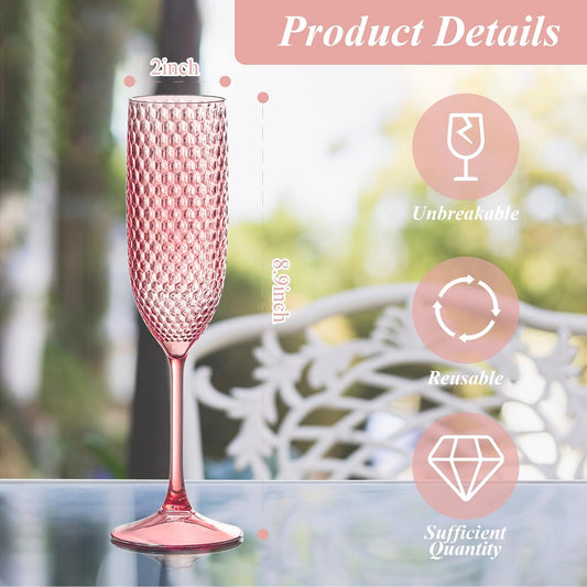 Plastic Champagne Flutes Champagne Glasses Unbreakable Wedding Toasting Glasses Reusable Diamond Wine Glasses Crystal Clear Party Wine Cups Vintage Drinking Glasses 5.5 OZ for Wedding (12, Pink)