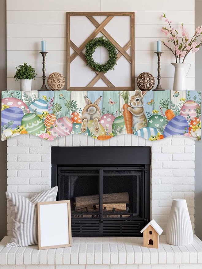 Easter Fireplace Mantel Scarf Table Runner, Spring Rabbit Eucalyptus Leaves Eggs Wooden Winter Garland Mantel Top Tablerunners Dresser Scarves Cover Decorations for Windows Party Living Room 90''x17''