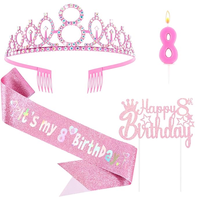 8th Birthday Party Decorations Set for Girls- Pink Crown, Glitter Sash, Number 8 Candle & Cake Topper Kit for Birthday Celebrations Party Supplies Gift