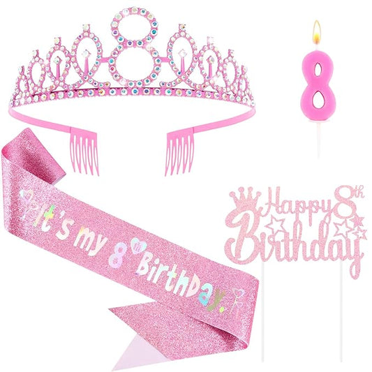 8th Birthday Party Decorations Set for Girls- Pink Crown, Glitter Sash, Number 8 Candle & Cake Topper Kit for Birthday Celebrations Party Supplies Gift