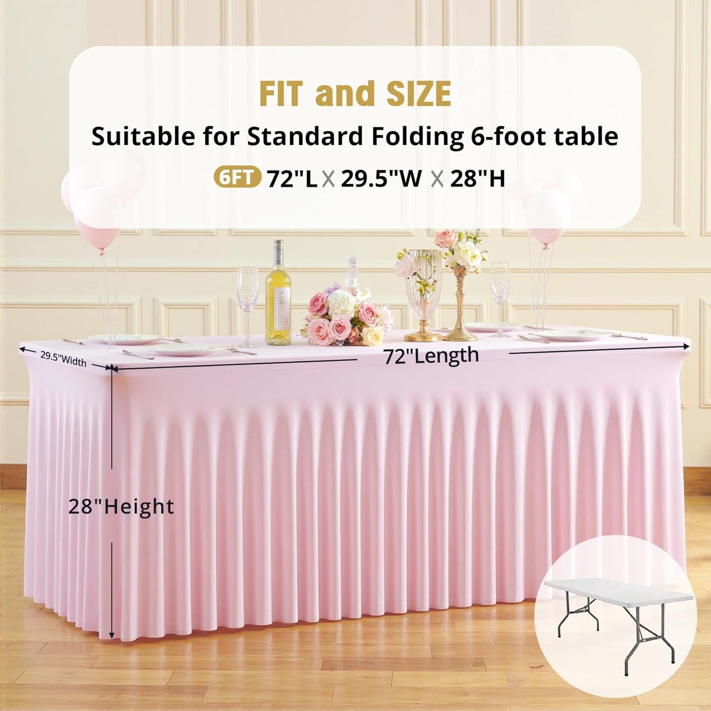 6ft Pink Spandex Tablecloths for Rectangle Tables Wrinkle Free Pink Table Cloth Rectangle Stretch Fitted Table Cover with Skirt for Baby Shower Girl Birthday Party Wedding Banquet Buffet Event