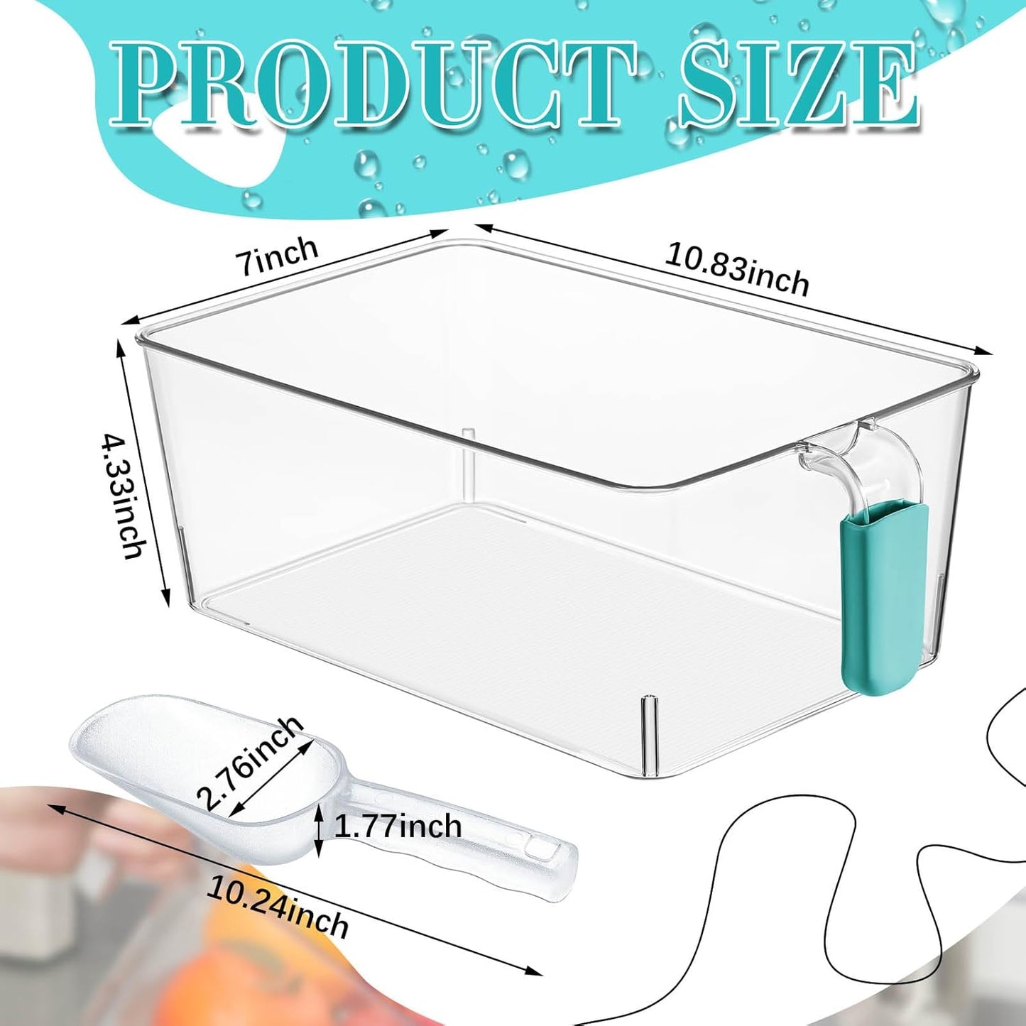 Havawish 2 Set Ice Bin and Flexible Scoop Set Plastic Freezer Ice Bin with Pull out Handle Clear Storage Bucket for Container with Bucket Scoop(Blue,10.83 x 7 x 4.33 in)