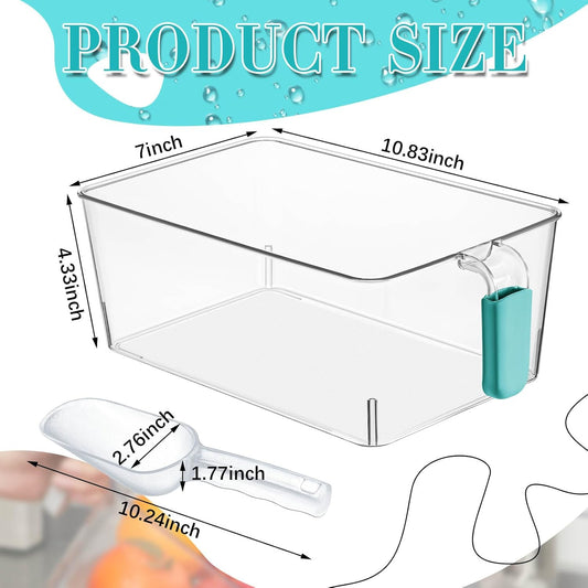 Havawish 2 Set Ice Bin and Flexible Scoop Set Plastic Freezer Ice Bin with Pull out Handle Clear Storage Bucket for Container with Bucket Scoop(Blue,10.83 x 7 x 4.33 in)
