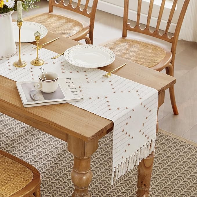 Wracra Boho Table Runner, Natural Cotton Woven Macrame Table Runners 60 Inches Long for Modern Farmhouse Woven Home Decor, 14x60 Inch, Taupe
