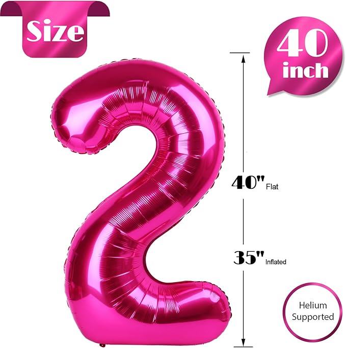Hot Pink Number 2 Balloon 40 Inch, 2nd Birthday Decoration for Toddlers Girls Boys, Sparkling 2 Number Balloon Party Decor