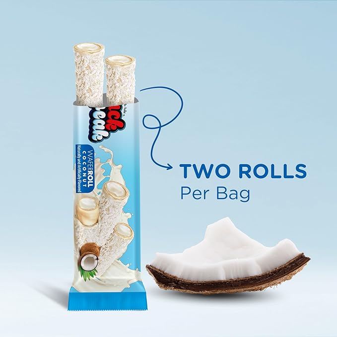 Snack Break Coconut Wafer Rolls, Rolled Wafer Cookies, Coconut Coated Delicious Snack, Individually Wrapped, Crunchy Sticks for On-the-Go, Coffee, Tea, Pack of 24