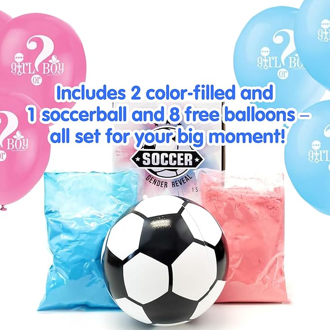 Gender Reveal Surprise Soccer Shell Kit with Colorful Pink & Blue Powder Packs - Pink & Blue Smoke Bomb for Gender Reveal Party with 8 Balloons - Ideal for Soccer-Themed Gender Reveal Parties