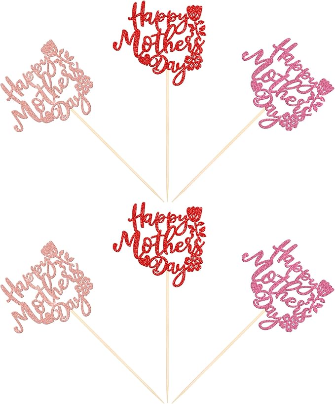 12 PCS Happy Mother's Day Centerpiece Sticks Double Sided Glitter Rose Love Best Mom Centerpieces for Happy Mother's Day Theme Table Flower Decorations Women Birthday Party Supplies Multi