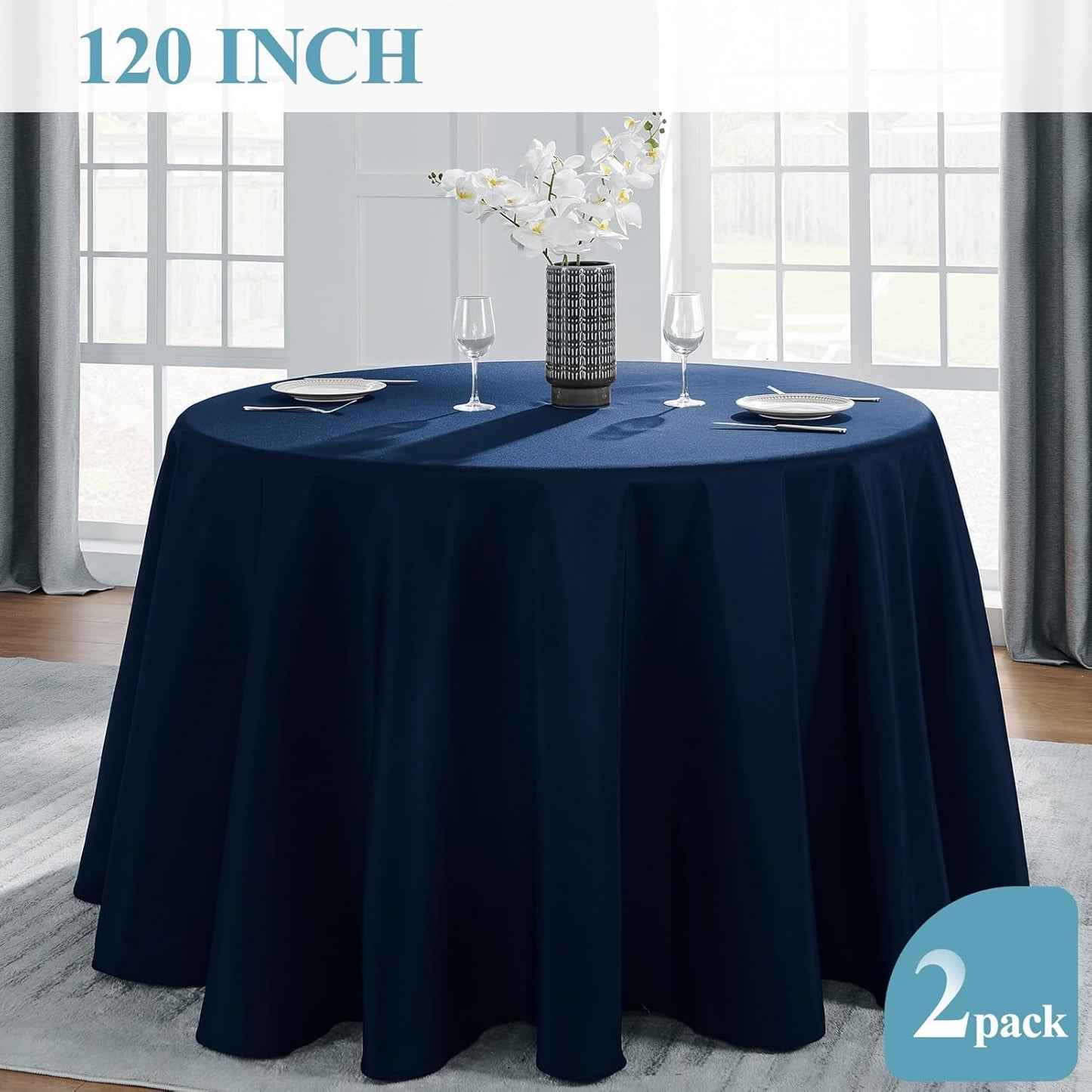 VidaFete Tablecloth 2 Pack 120inch Round Table Cloth Polyester, Stain Wrinkle Resistant Polyester Dining Table Cover for Kitchen Dinning Party Wedding Round Tabletop Buffet Decoration(Navy Blue)