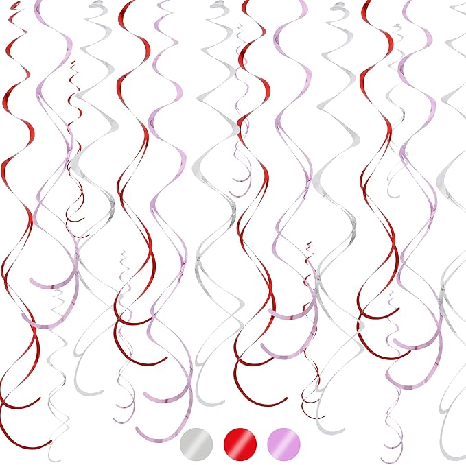 BEISHIDA Red Pink and Silver Hanging Swirls Party Decorations Plastic Streamer for Girl Birthday Hanging Ornament Decorations, Valentine Wedding Anniversary Party Supplies, Pack of 20