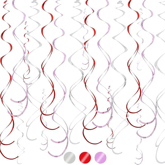 BEISHIDA Red Pink and Silver Hanging Swirls Party Decorations Plastic Streamer for Girl Birthday Hanging Ornament Decorations, Valentine Wedding Anniversary Party Supplies, Pack of 20