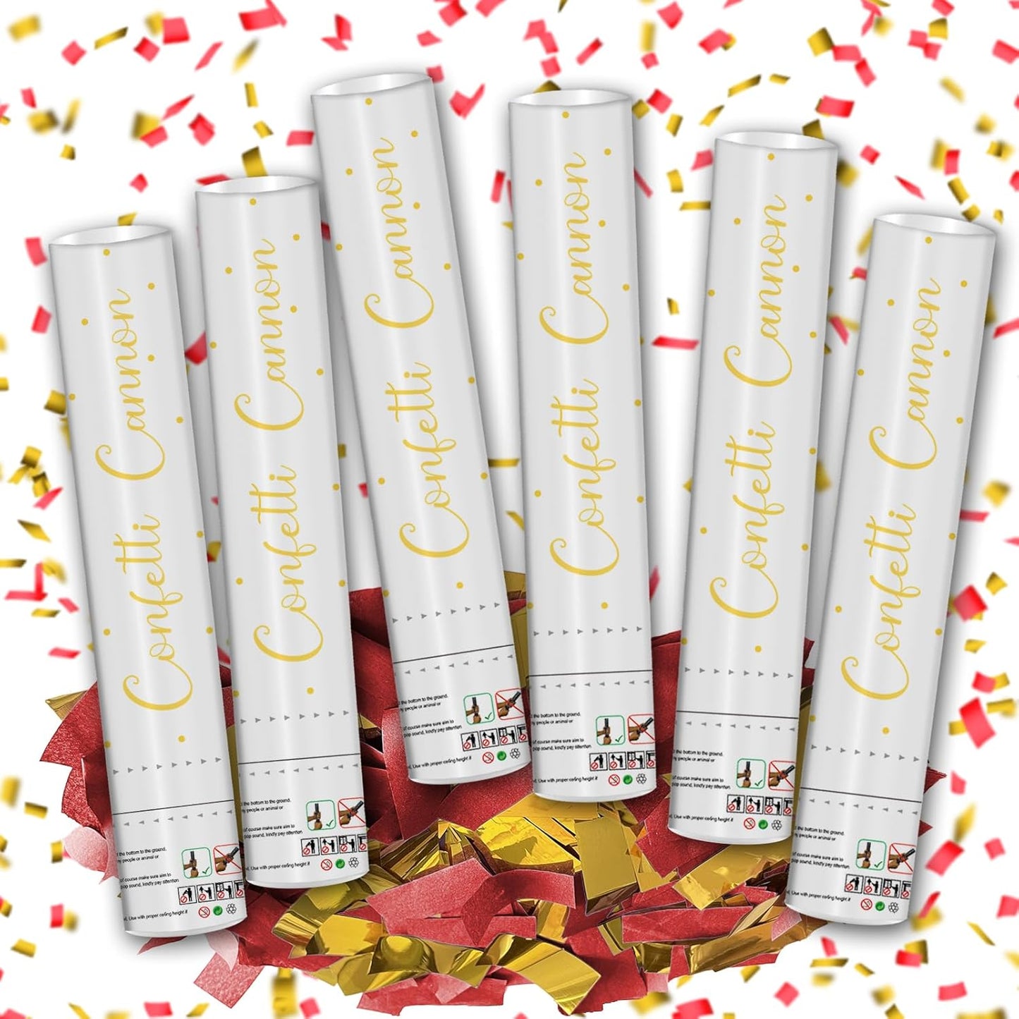 12" Red & Gold Confetti Cannons - Party Poppers for Birthday Graduation Retirement Wedding New Year Celebrations - Easy to Use - Pack of 6