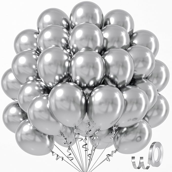 Metallic Silver Balloons 12 inch, Chrome Silver Latex Balloons 50pcs Party Balloons for Graduation Wedding Baby Shower Disco Birthday Party Decorations