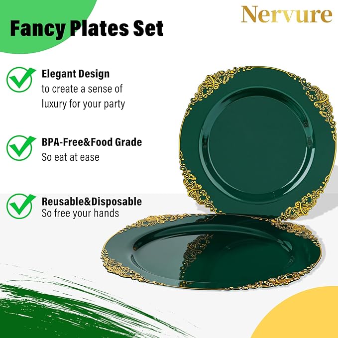 Nervure 175PCS Green Plastic Plates - Disposable Green Gold Party Plates & Pre Rolled Napkins with Cutlery for 25 Guests, 50Plates, 75Silverware, 25Cups, 25Napkin for Wedding & Party & St Patricks Day