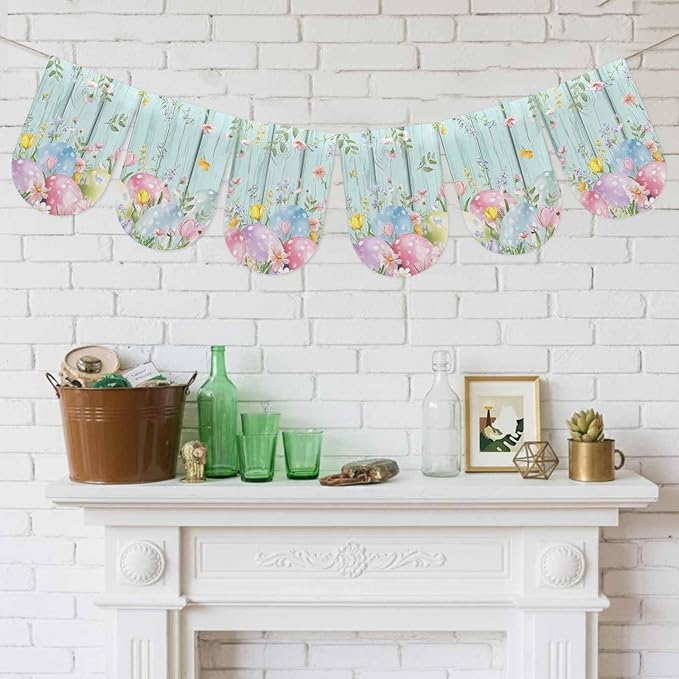 Easter Eggs Banner 3Pcs Indoor Outdoor Hanging Banner Flag Spring Daisy Eucalyptus Leaves Teal Wooden Sign for Fireplace Mantel Decorative Bunting Garland Valance for Shop Door Mantle Decor 7.9"x11.8"
