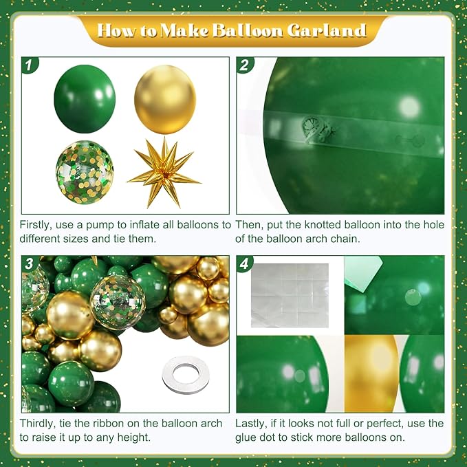 Green and Gold Balloon Garland Arch Kit, 140Pcs Emerald Green Gold Confetti Balloons With Stars for Birthday Wedding Birdal Shower Christmas Graduation Party Decorations