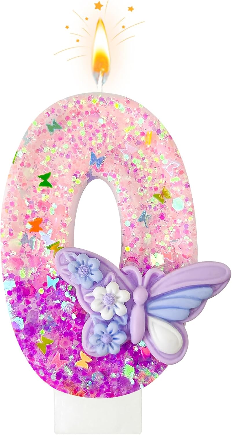 HXOUSE Butterfly Number 0 Birthday Candles - Pink & Purple Butterfly Birthday Candles for Cake, 0 Candle Topper for Anniversary Celebrations Supplies, Fairy Party Decorations for Girl (Number 0)