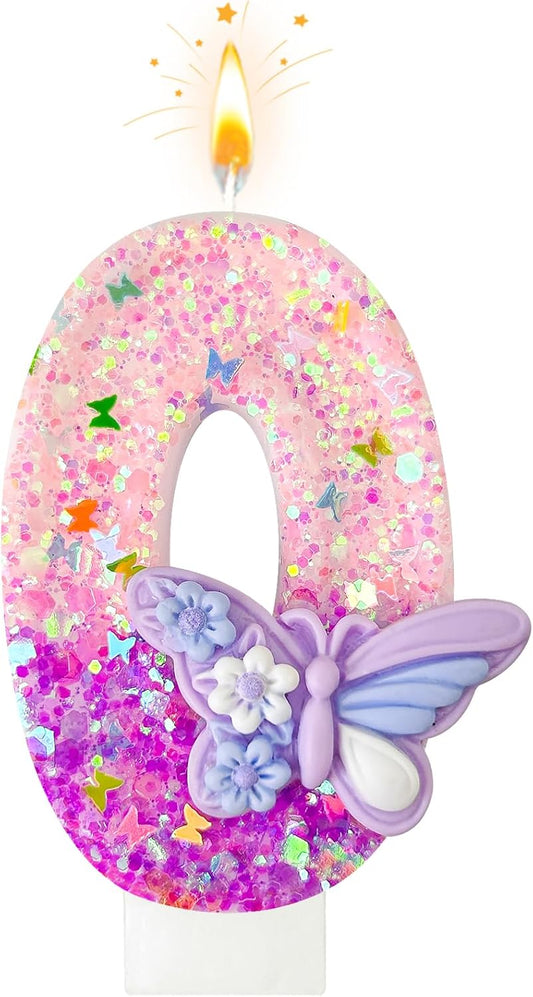 HXOUSE Butterfly Number 0 Birthday Candles - Pink & Purple Butterfly Birthday Candles for Cake, 0 Candle Topper for Anniversary Celebrations Supplies, Fairy Party Decorations for Girl (Number 0)