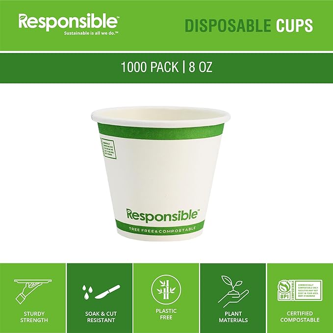 Responsible Products 8 oz Paper Hot Cups (Squat), Tree-Less™ Compostable Paper Coffee Cups, Extra Strength, Tree-Free and Made Without PFAS, White (1000 Count)