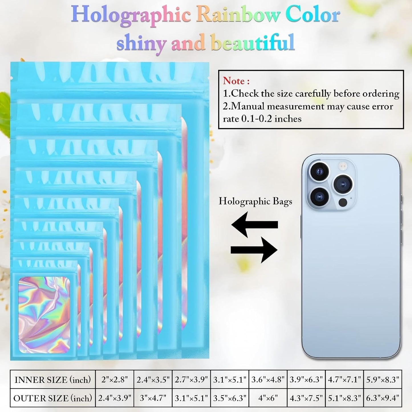 100 Pack Holographic Bags, Smell Proof Packaging Bags, Clear Window Resealable Odor Foil Pouch Mylar Bag for Food Storage and Lipgloss, Jewelry Lash (Blue, 3 x 4.7 Inch)