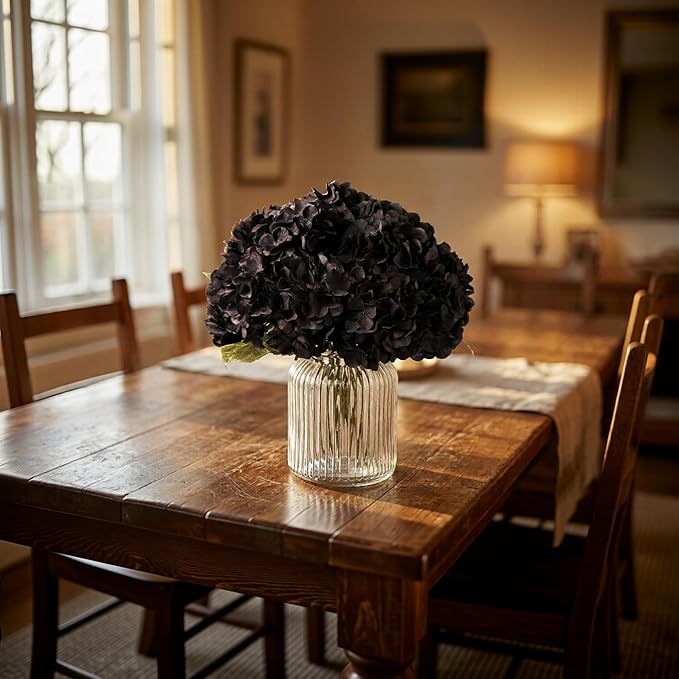 2Bouquets Artificial Fake Flowers Plants Silk Hydrangea Arrangements Wedding Bouquets Decorations Plastic Floral Home Kitchen Garden Party Festival Bar DIY (Black)