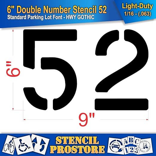 Pavement, Curb, and WheelStop Stencils - 6 inch Double Number Stencil - (52) - 6" x 9" x 1/16" (63 mil) - Light-Duty