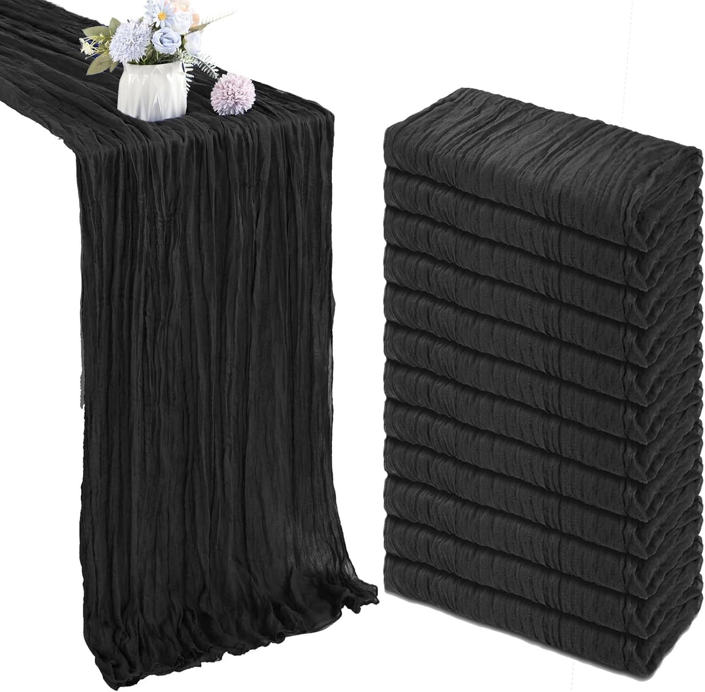 12 Pack 10FT Black Cheesecloth Table Runner 35x120 Inch Gauze Rustic Boho Table Runner Cheese Cloth for Wedding Decor Birthday Party Bridal Baby Shower Table Centerpiece Decoration